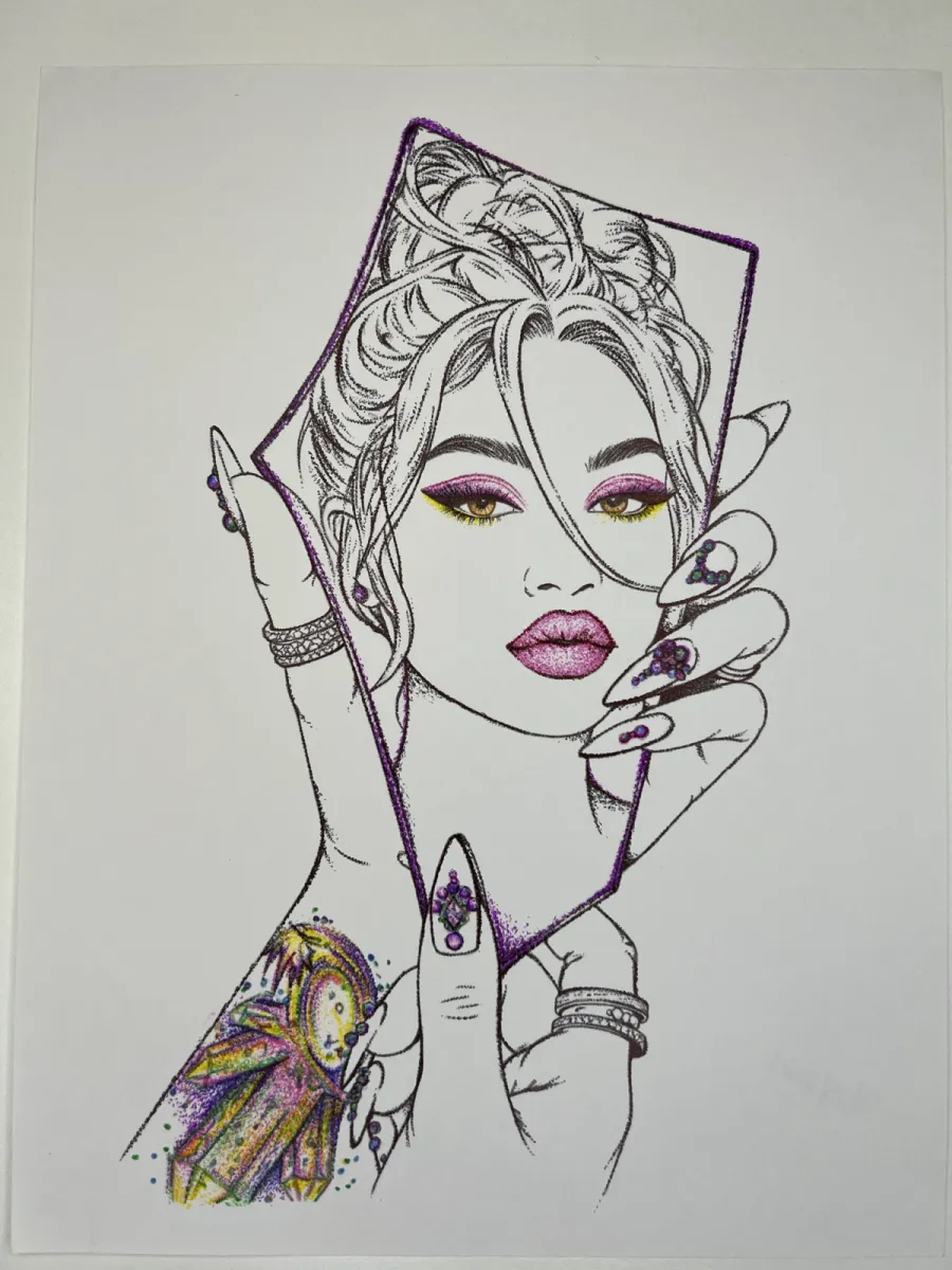 Line drawing of a woman holding a mirror, with colored stipple details