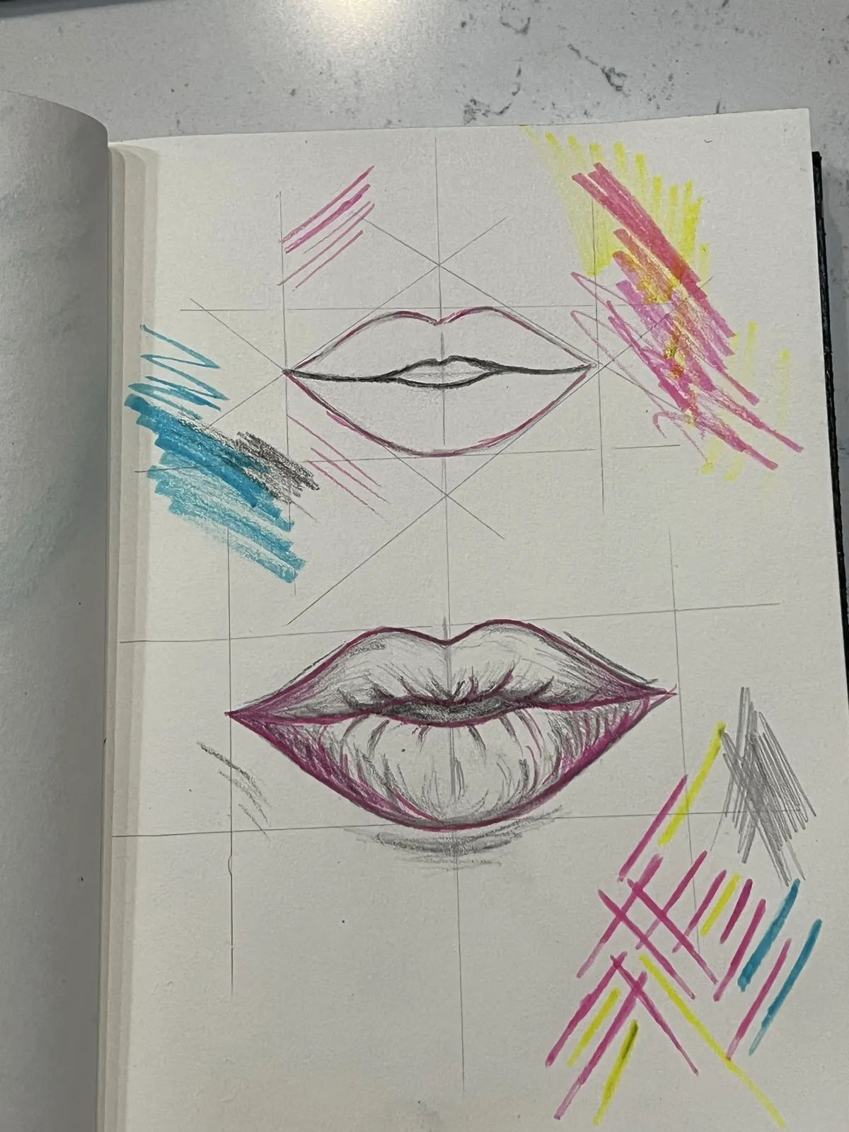 Lip studies drawn on a proportion grid with colored pencil swatches