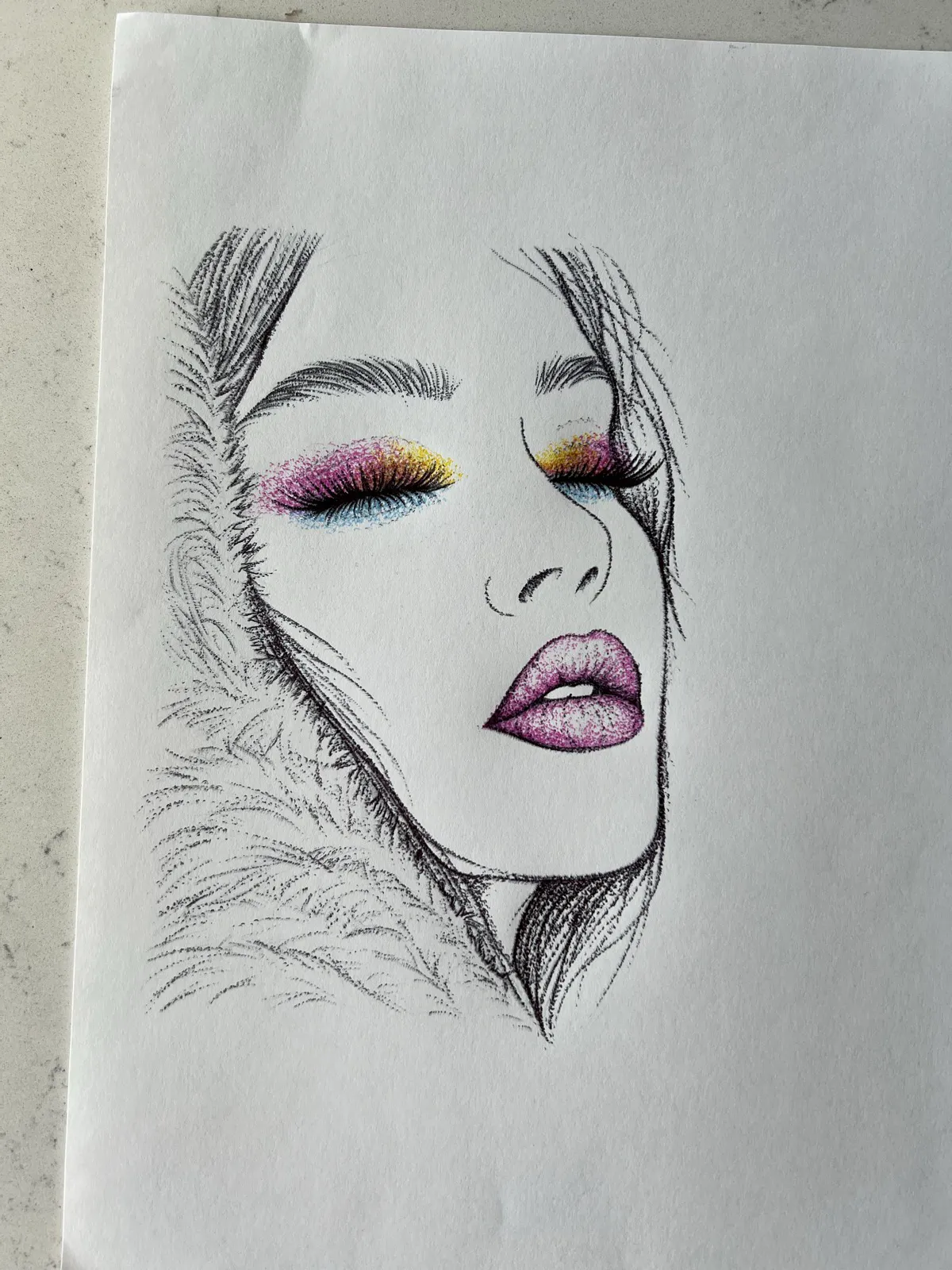 Line drawing of a face with pixel-shaded pink and gold eyeshadow and stippled lips
