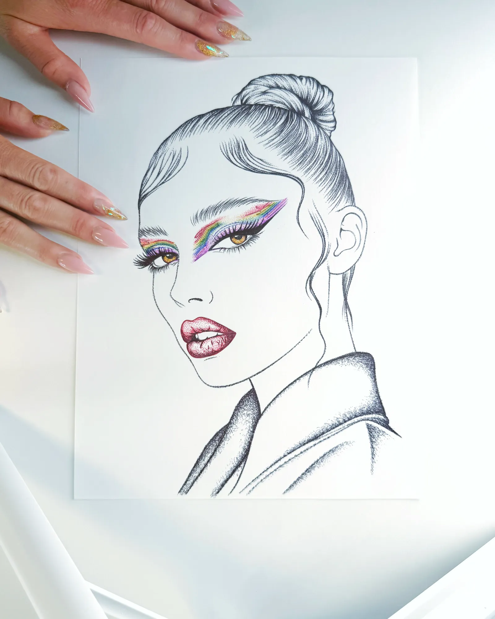 Face chart with a high bun, rainbow wing liner, and glossy lips