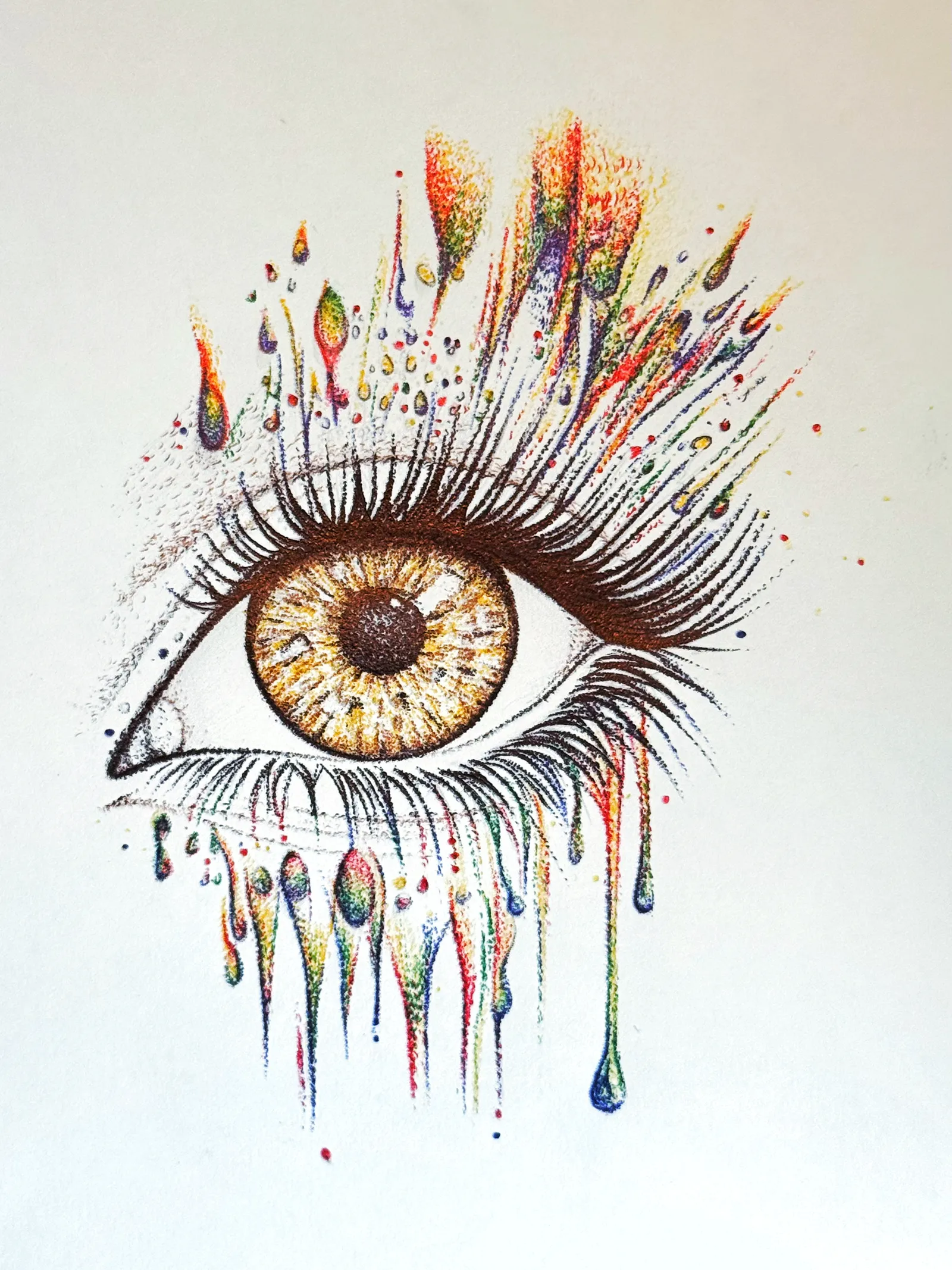 Stippled brown eye with rainbow color dripping from the lashes